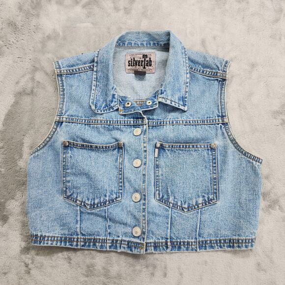 Vintage 90s Levi's Silver Tab Vest Womens M Blue Embroidered BEE Sleeveless Crop - Picture 1 of 9